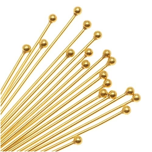 Head Pins, with Ball Head 3 Inches Long and 21 Gauge Thick, 20 Pieces, 22K Gold Plated
