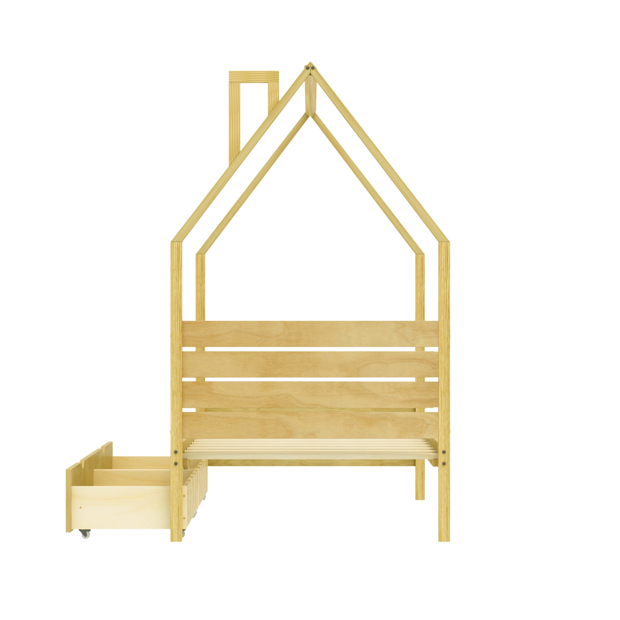 Euroco Wood Twin Size Platform Bed with Drawers, Montessori House Bed, Natural