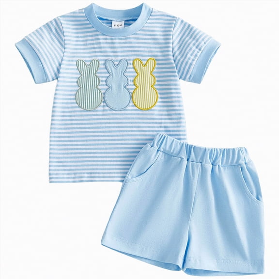 CAICJ98 Toddler Boy Summer Clothes Funny Bunny T Shirt Elastic Waist Pockets Shorts Set Kids 2 Piece Easter Outfit (Light Blue,2-3 Years)