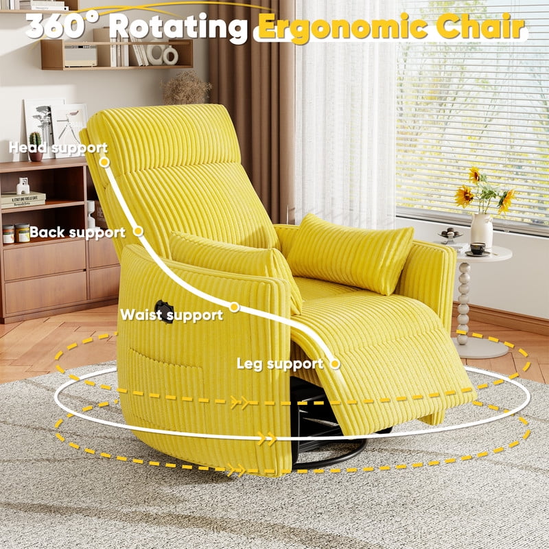 Homall 360° Power Swivel Recliner High Back Adult Rocker Recliner Chair with 2 Pillows for Nursing Expectant Mothers,Corduroy Yellow