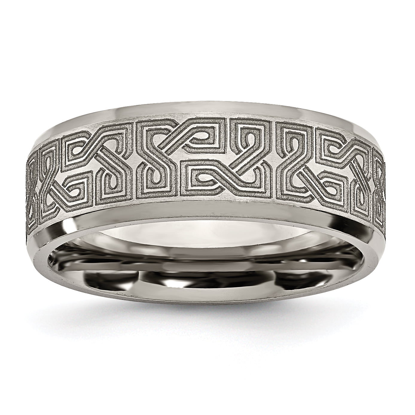 Jewelry Best Seller Titanium Beveled Edge 8mm Laser Design Brushed & Polished Band Jewelry Best Seller Titanium Beveled Edge 8mm Laser Design Brushed & Polished Band