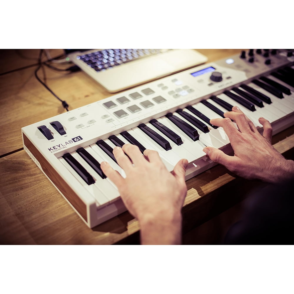 Arturia KeyLab Essential Mk3 61-Key USB MIDI Controller Keyboard, White 231531 Bundle with OnStage KS7171 Double-X Keyboard Stand + 5-Ft Male-to-Male MIDI Cable + 2 Year Enhanced Protection Pack