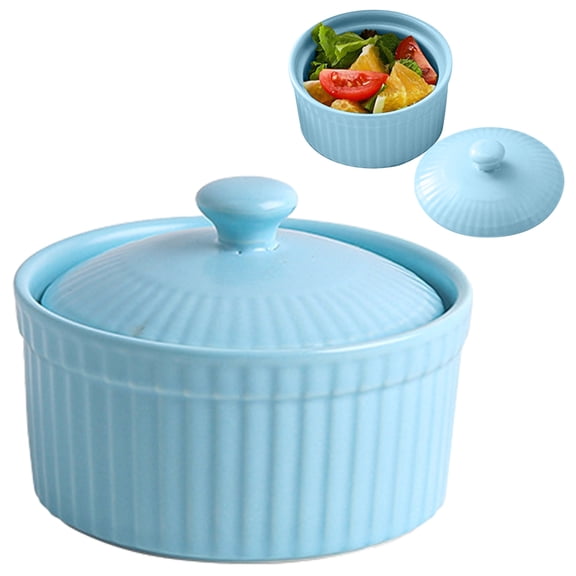 Ceramic Baking Ramekins with Lids, Baking Bowl, Lovely Steaming Bowl, Reusable Oven Bowls for Creme Brulee & Cakes, Versatile Home Baking Dishes for Desserts and Individual Servings (Blue)