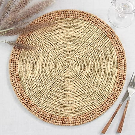 

Fennco Styles Handmade Wooden Beaded Placemat 14 Round 1- Piece - Natural Beads Table Mat for Home Décor Family Gathering Banquets Everyday Use and Special Occasion