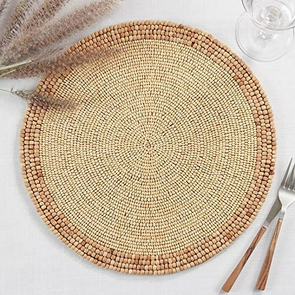 Fennco Styles Handmade Wooden Beaded Placemat 14" Round, 1- Piece - Natural Beads Table Mat for Home Décor, Family Gathering, Banquets, Everyday Use and Special Occasion