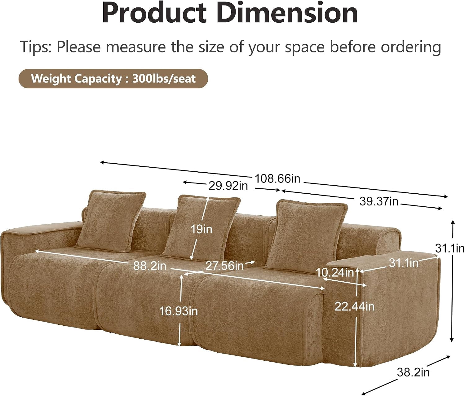 109" 3-Seat Modular U-Shaped Sectional Sofa, Brown Velvet with Throw Pillows, No Assembly Required
