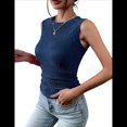 thumbnail image 1 of Top Informal de Verano de Punto Acanalado con Cuello Redondo, Corte Entallado, Básico, Texturizado, Sin Mangas, Azul Marino, XXL, 1 of 5