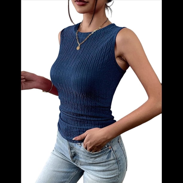 Top Informal de Verano de Punto Acanalado con Cuello Redondo, Corte Entallado, Básico, Texturizado, Sin Mangas, Azul Marino, Talla XL