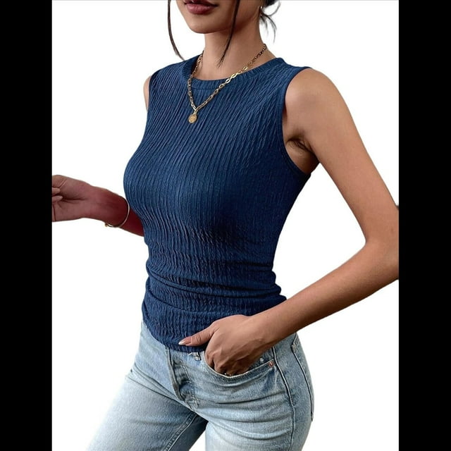 Top Informal de Verano de Punto Acanalado con Cuello Redondo, Corte Entallado, Básico, Texturizado, Sin Mangas, Azul Marino, Talla XL