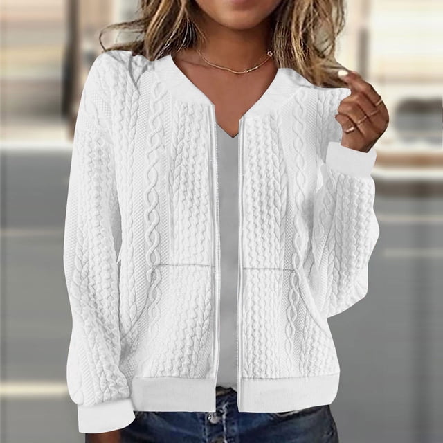 Fartey Cardigan à Fermeture Éclair pour Femme, Tricot Torsadé, Vestes à Manches Longues, Doux et Confortable, Col Ras du Cou, Cardigans Décontractés, Mode, Manteau Simple Uni, Blanc G