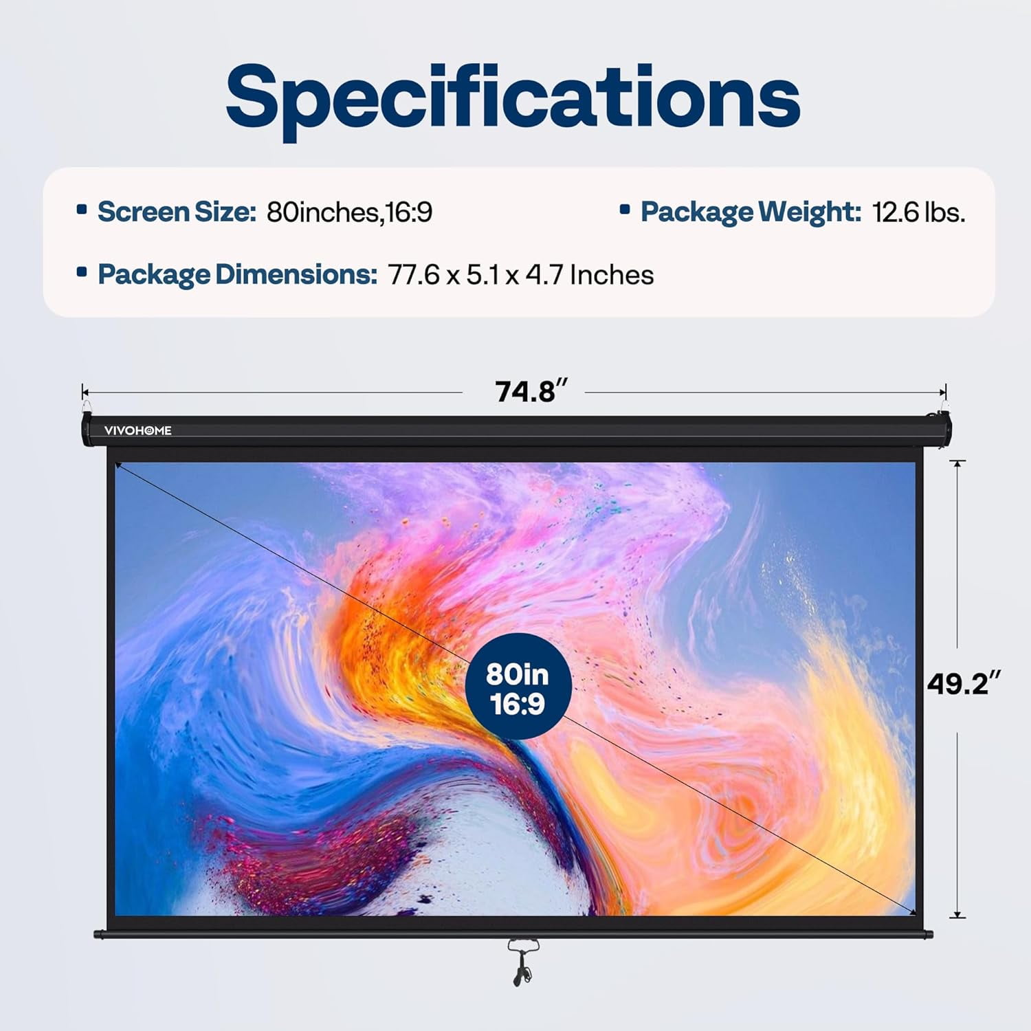 SPECSTAR 80 inch Manual Pull Down Projector Screen, 16:9 HD Retractable Projector Screens for Movie Home Theater Cinema Office Video Game, Black