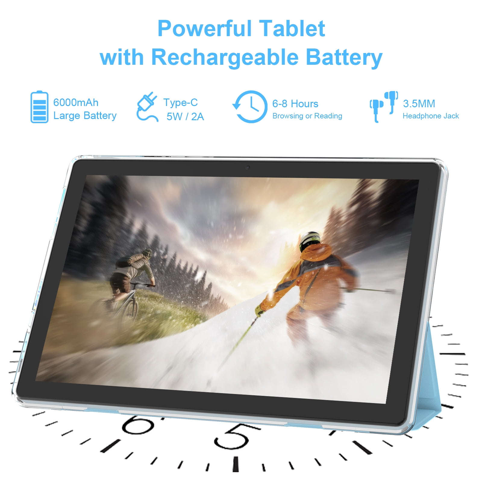 Android 15 Tablet 10 inch Tablets with Case, 12GB RAM + 64GB ROM (Expand to 1TB), Quad Core Processor Tablets, 5G WiFi 6, BT5.0, 1280x800 IPS Touch Screen, 6000mAh Battery, 8MP Dual Camera, Blue