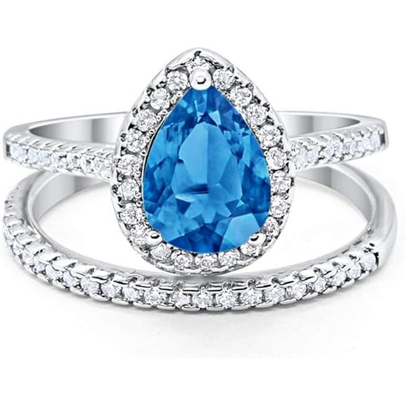 Divine Creation 2.00 Ct Pear Cut Blue Topaz Wedding Engagement Bridal Ring Set 14K White Gold Plated 925 Sterling Silver For Women's -4.5