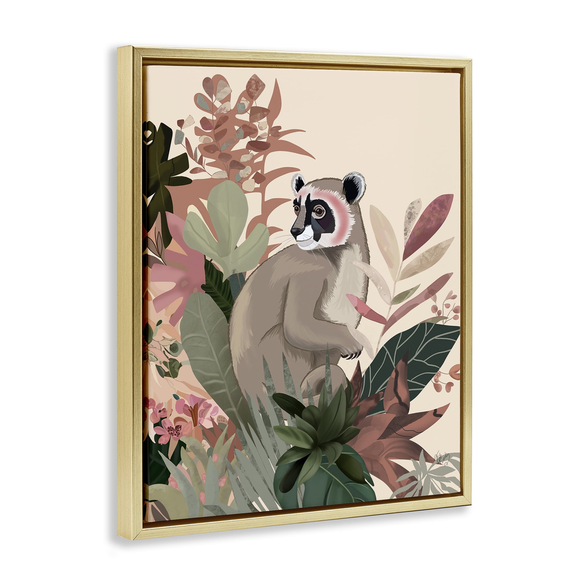 Stupell Industries Lemur & Tropical Plants Animals & Insects Painting Gold Floater Framed Canvas Art Print Wall Art, 25 x 31