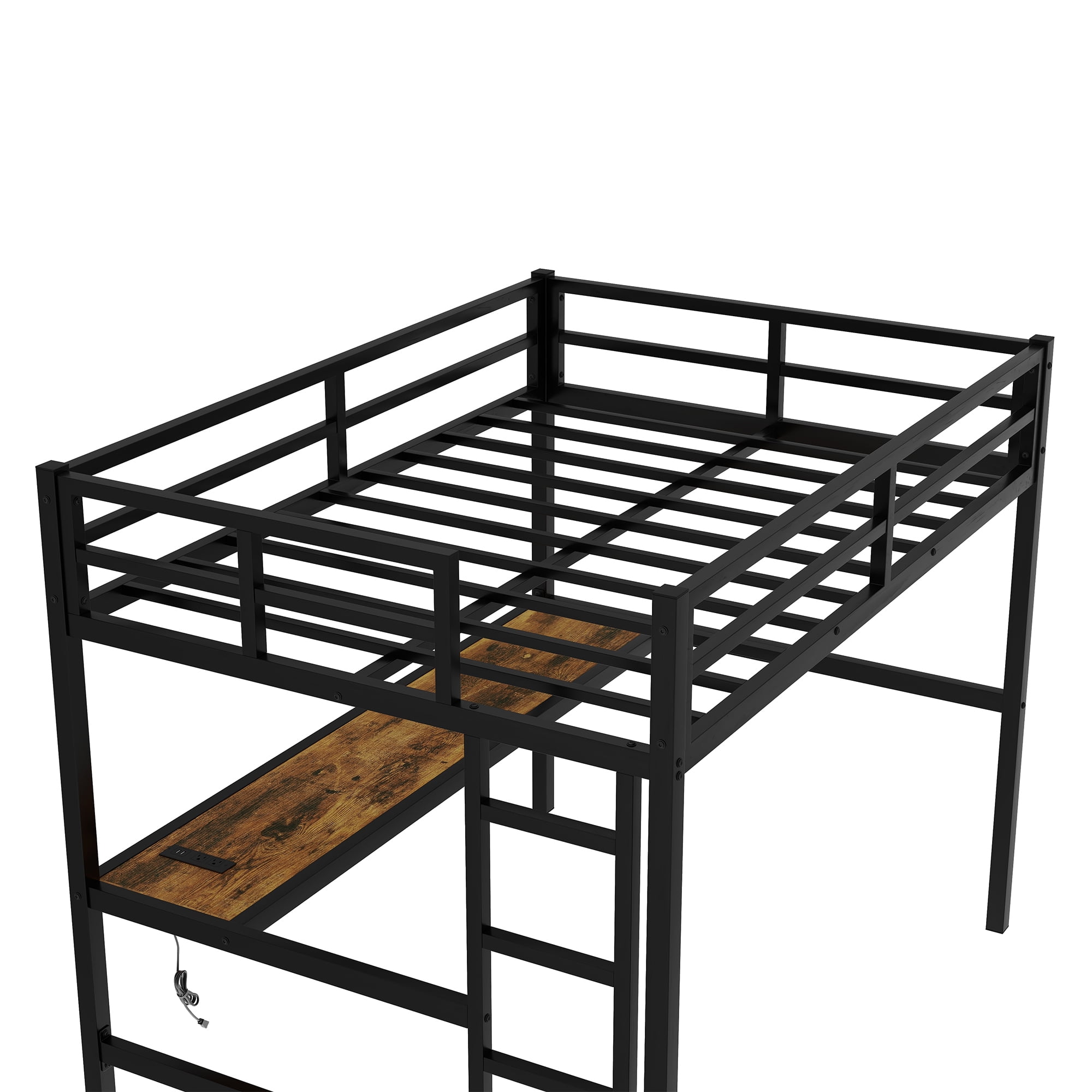 Aukfa Full Size Metal Loft Bed with Desk, Charging Station and LED Lights, Space-Saving, Heavy Duty, Black