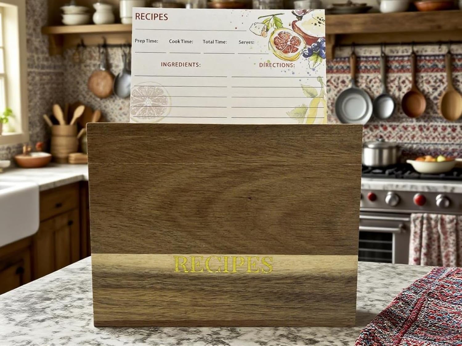 Acacia Wood Recipe Box Set - 50 4x6 Recipe Cards, 6 Dividers | Rustic Kitchen Organizer with Lid for Cooking Lovers, Perfect Housewarming/Wedding Gift