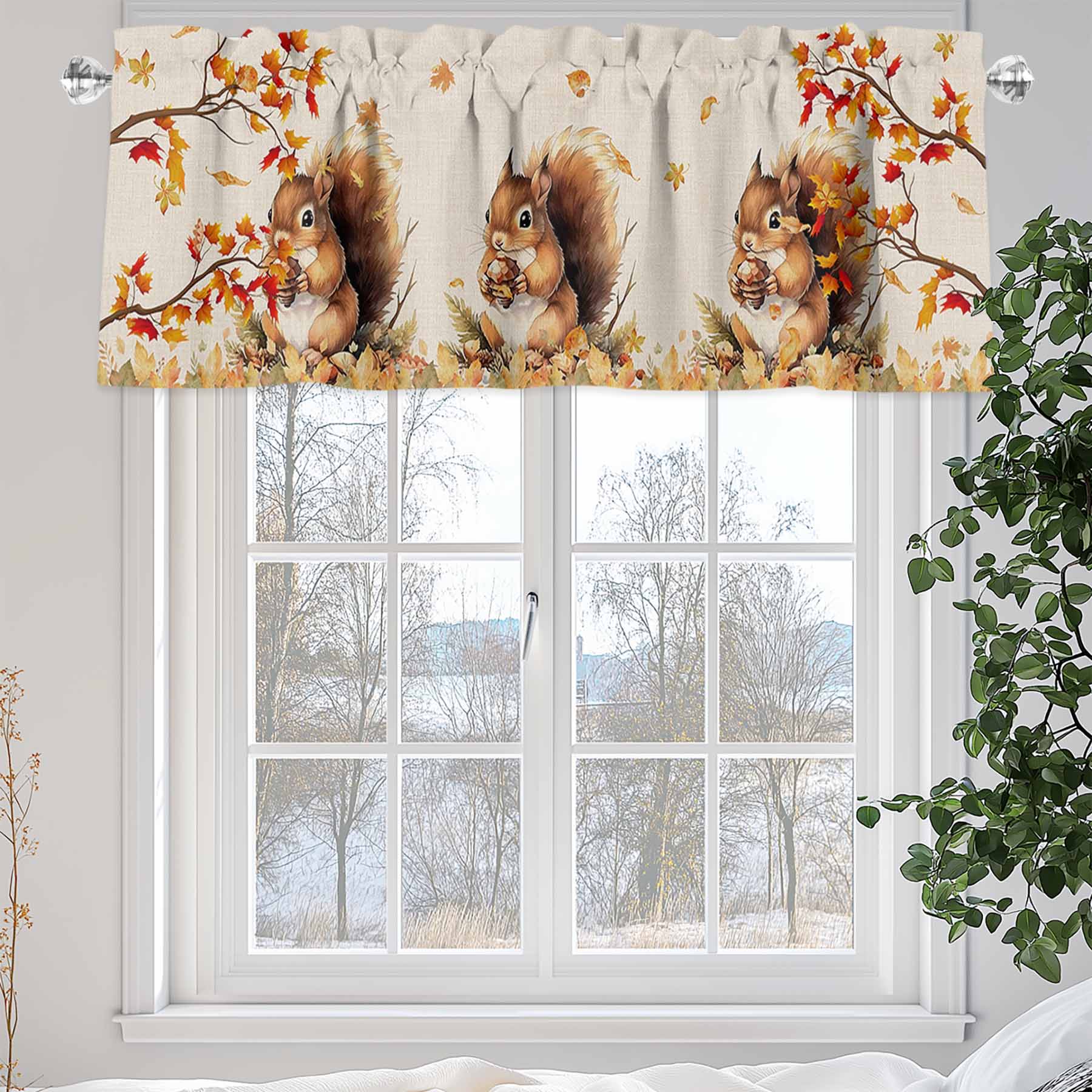 Thanksgiving Fall Valances for Windows, 60 x 18in, Squirrel Maple Leaf Cotton Linen Background Rod Pocket Kitchen Valance Curtain Light Filtering Window Treatments for Living Room Bedroom, 1 Panel