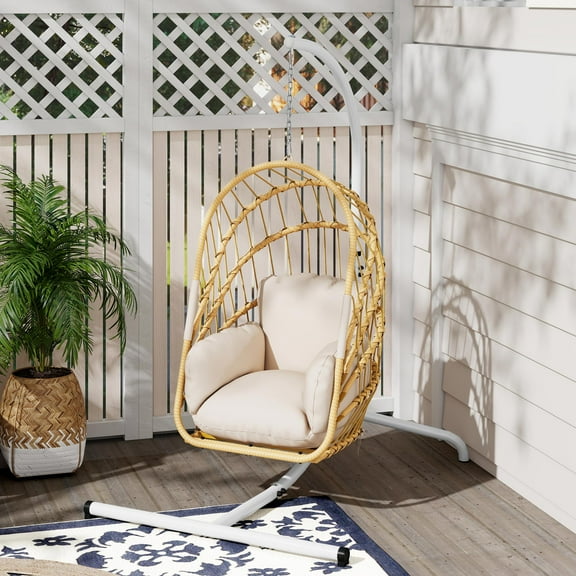Uforic Wicker Hanging Egg Chair with Stand, Patio Swing Egg Chair Hammock Chair for Outdoor Indoor - Beige