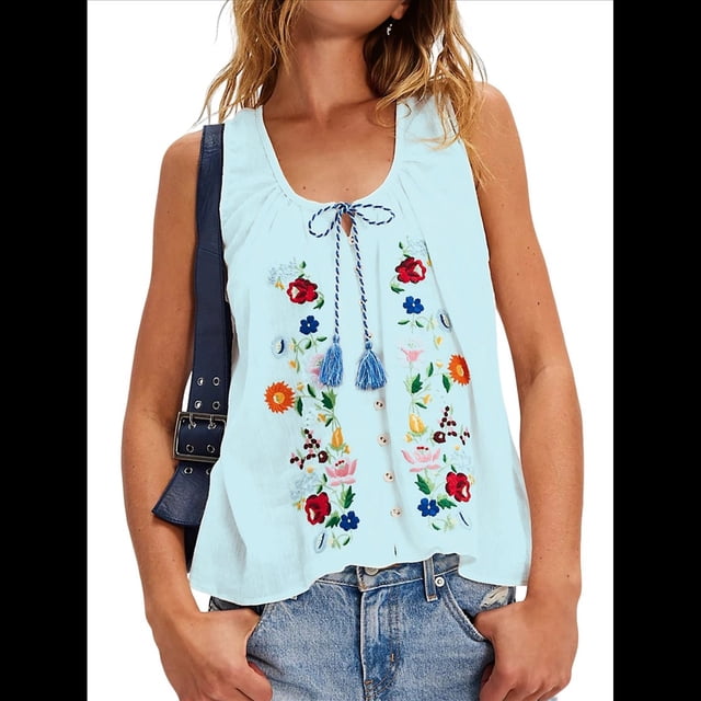 Blusas Bordadas con Flores para Mujer, Cuello en U, Flecos y Lazo Frontal, Camisetas Sin Mangas Holgadas Estilo Bohemio . Azul S