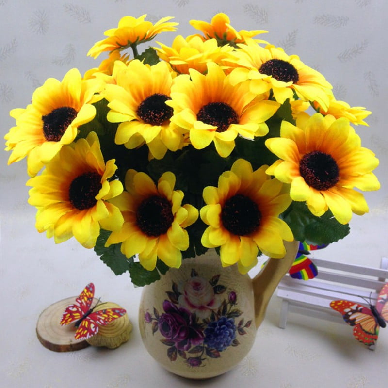 Sunflower Fake Artificial Silk Flower Sitting Room Vivid Floral Decor Bunch Head 