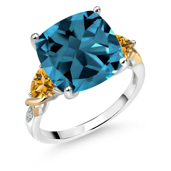 Gem Stone King 925 Silver and 10K Yellow London Blue Topaz and Yellow Citrine and Diamond Ring for Women (9.63 Cttw, 12MM Cushion and 5mm Trillion) (Size 5)
