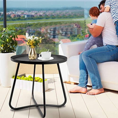 Round Metal Side Table – Modern Small End Table for Indoor/Outdoor Use, Coffee Tea Snack Table for Living Room, Bedroom, Balcony, Garden, Patio, Porch, Black