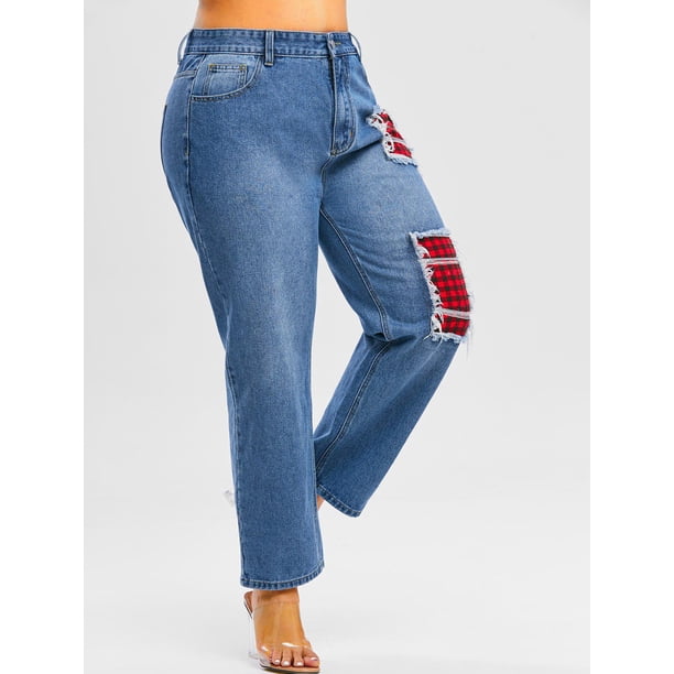 Tamaño extra grande de la tela escocesa de Patch Jeans gastados Rosegal Vaqueros de talla grande