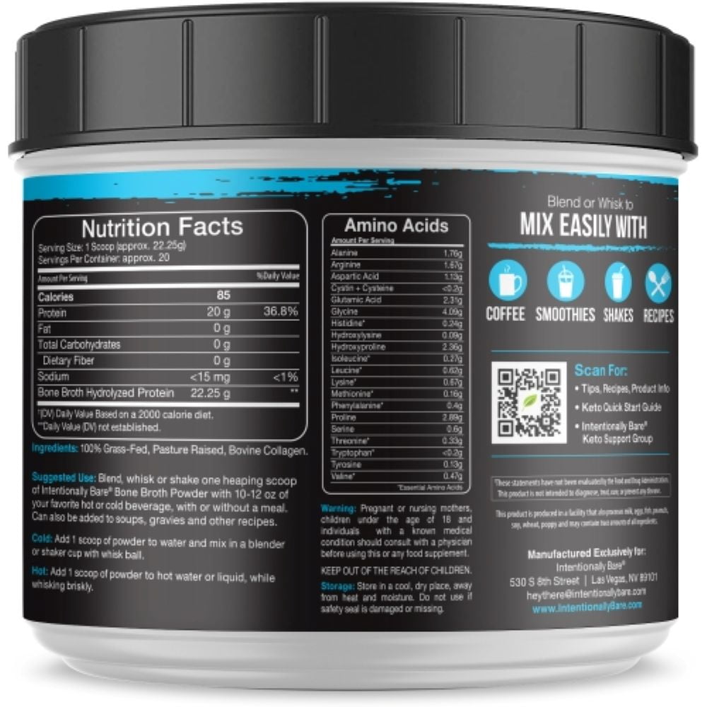 Bone Broth Protein Powder- 20 Grams Protein - Collagen Types 1, 2 & 3 - Grass-Fed, Pasture Raised Cows - Dairy Free - Unflavored - 20 Servings