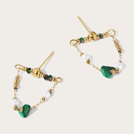 Liulin 14K Gold Plated Stainless Steel Chain Dorp Earrings for Women Malachite Natural stone Handmade Earring Trendy Jewelry