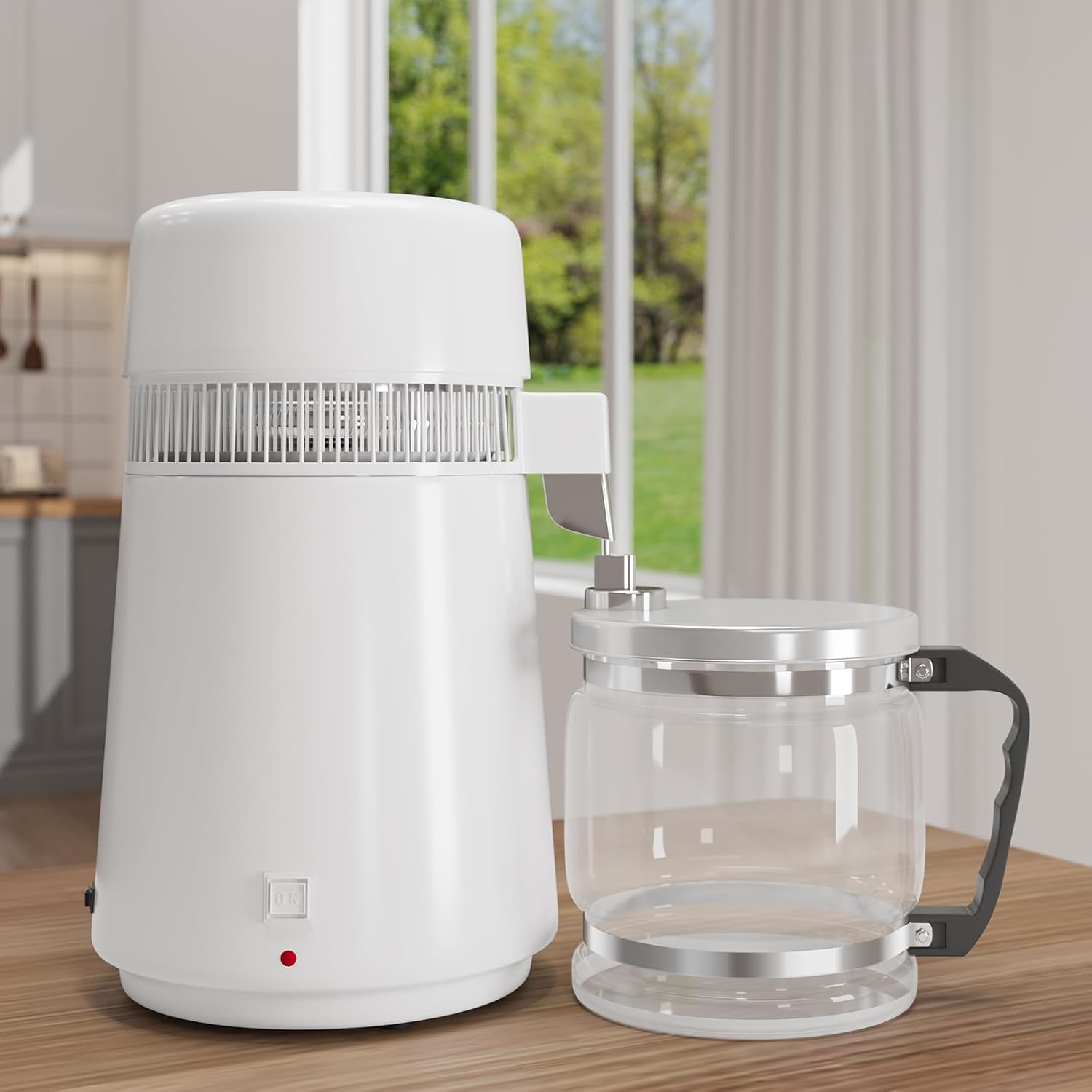 OUTGOODS Countertop Water Distiller 1Gal/4L-6L, 750W-900W, Stainless Steel, White Plastic/Glass