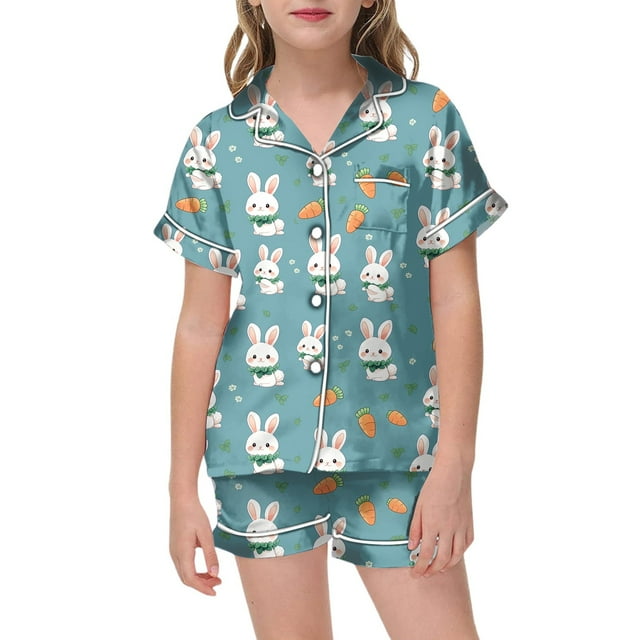 Pyjama Imprimé pour Filles, Manches Courtes, Haut à Boutons et Shorts, Ensemble de Pyjama pour la Maison