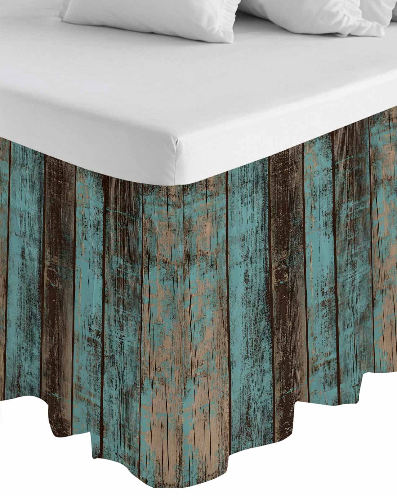 Teal Wood Grain Ruffle Bed Skirt Queen Size Farmhouse Board Adjustable Elastic Dust Bed Skirts Wrap Around Bedskirt Wrinkle Free Easy Fit with 16 Inch Drop