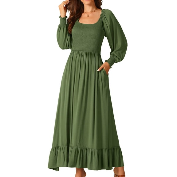 DARING DIVA Scoop Neck Smocked Tiered Maxi Dress S Army Green