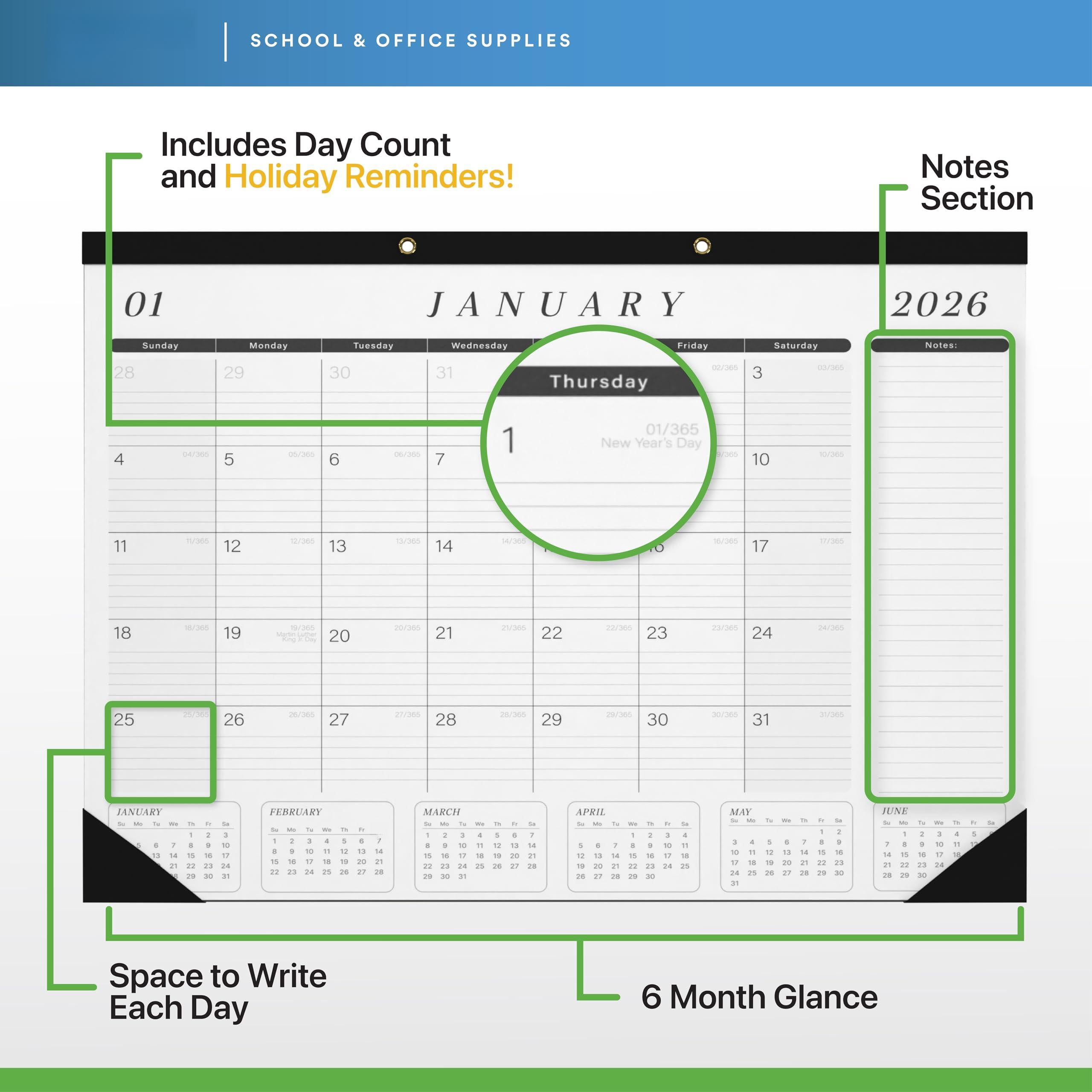 Desk Calendar 2026-2027 Large 22x17 Jan 2026 - Jun 2027 Blotter To-do List Planner (black & White 6 Pack)