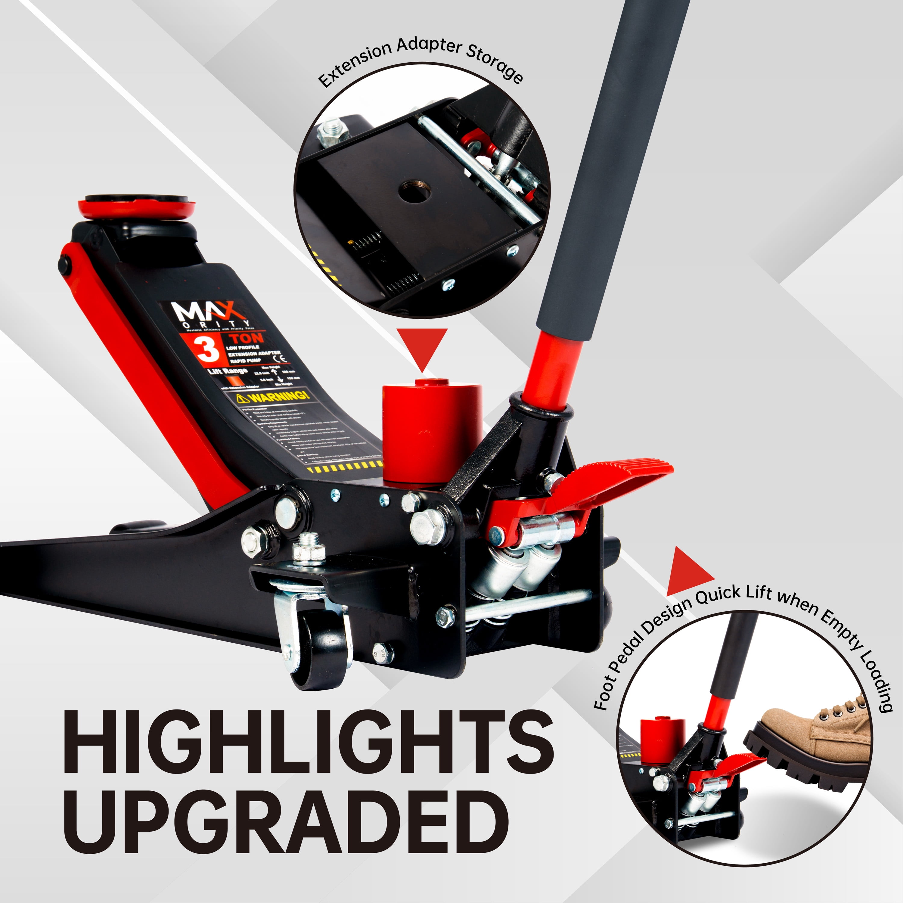 3 Ton (6600 Lbs.) Dual-Pump Low Profile Hydraulic Floor Jack Extension Adapter and Foot Pedal