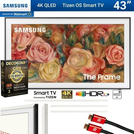 Samsung QN43LS03DAFXZA 43 inch The Frame QLED 4K Smart TV 2024 Bundle with Customizable Bezel Modern White   Deco Gear 4K HDMI 2.0 Cable x2 & CPS Exclusive 26 Month Protection