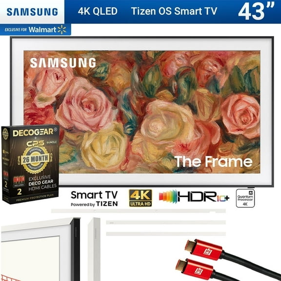 Samsung QN43LS03DAFXZA 43 inch The Frame QLED 4K Smart TV 2024 Bundle with Customizable Bezel Modern White   Deco Gear 4K HDMI 2.0 Cable x2 & CPS Exclusive 26 Month Protection