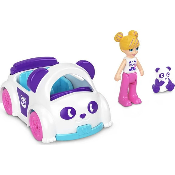Polly Pocket Micro Doll with Panda-Themed Die-cast Car and Mini Pet, Travel Toys