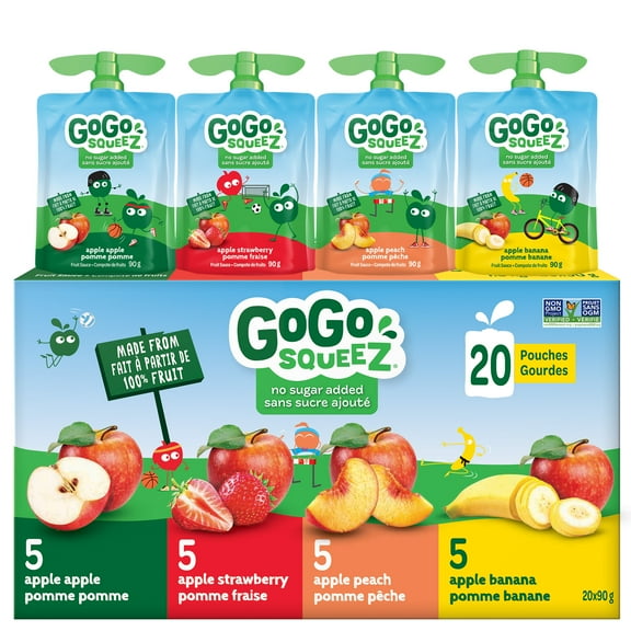 GoGo squeeZ Fruit Sauce Snack Pouches Variety Pack, Apple Apple, Apple Strawberry, Apple Peach, Apple Banana, No Sugar Added. 90g per pouch, 20 Pouches