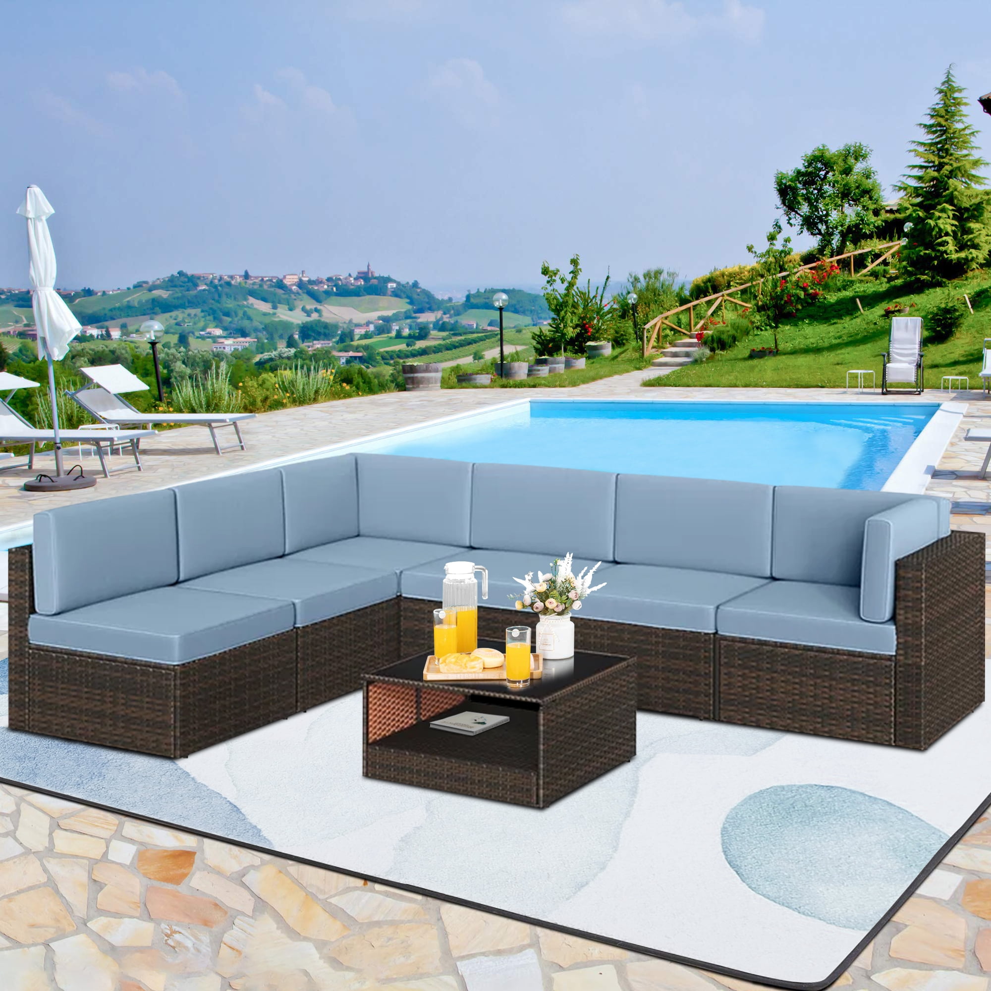7 Pcs Patio Couch Sets, Brown Rattan Outdoor Sectional Furniture with