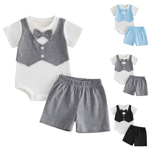 WUANDIXFA Baby Boy Dress Clothes Bowtie Short Sleeve Romper Two Piece Bodysuit Shorts Set Suit Summer Outfit (Grey, 6-9 Months)