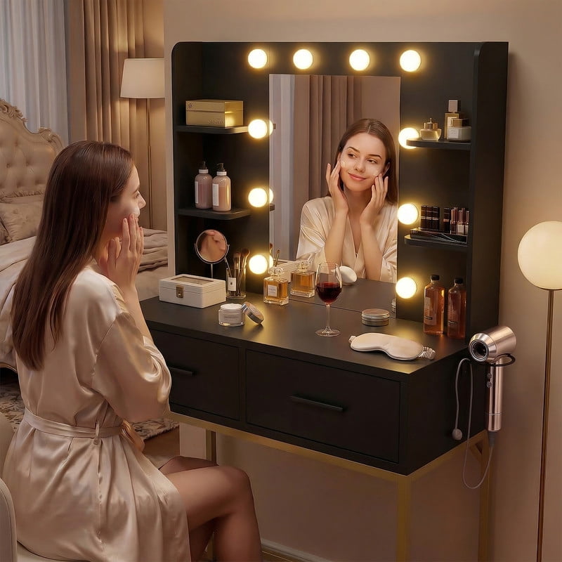 Treevan Black & Gold Makeup Vanity Desk with Hollywood LED Mirror, Charging Station, 3 Color Dimmable Lights for Bedroom