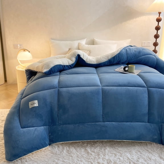 WOOW DEPOT Sherpa Fleece Queen Comforter Reversible, 1 PCS, Heavy 7.5lbs Quilted Bedding Warm Cozy Machine Washable, Haze Blue