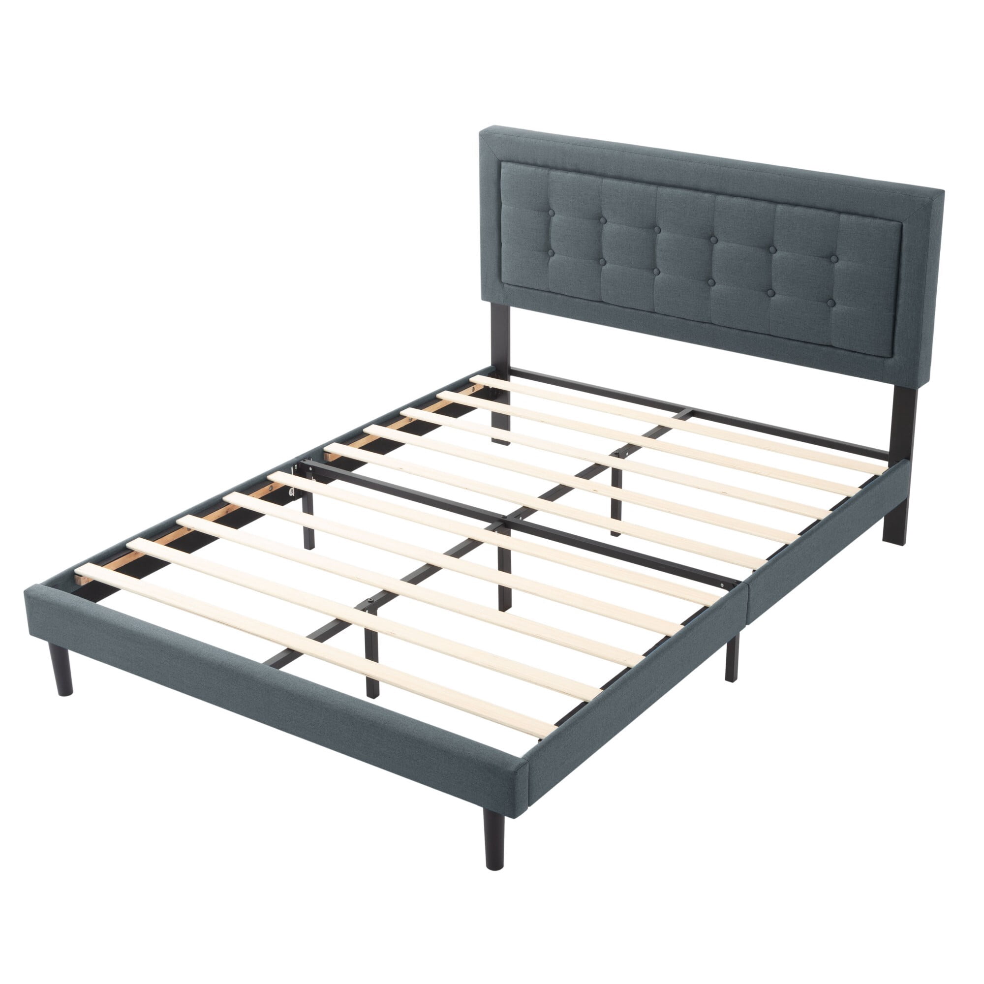 AENKYO Modern Full Size Upholstered Platform Bed Frame with Linen Fabric Headboard, No Box Spring Needed, Dark Gray