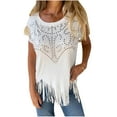 thumbnail image 2 of Shirts for Women under $10 Short Sleeved Round Neck Tassels Casual Solid Color Top White S, 2 of 6