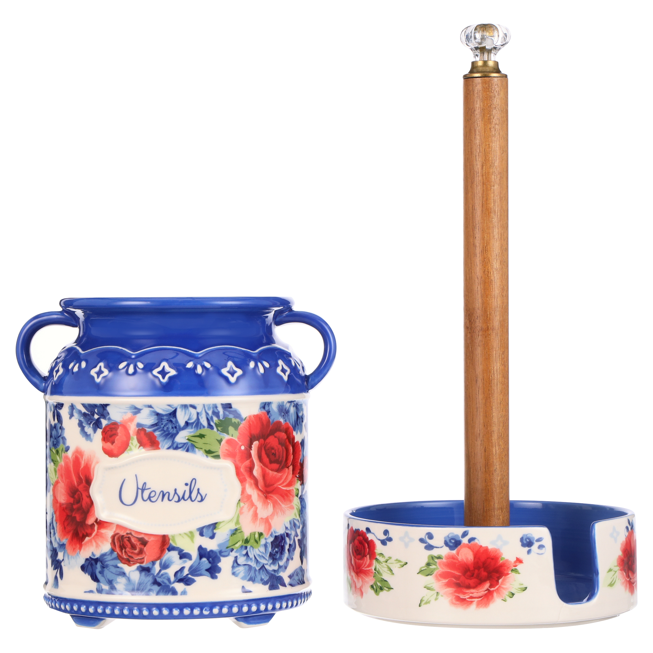 The Pioneer Woman Floral Stoneware Paper Towel Holder and Utensil Holder Combo, 2 Pieces