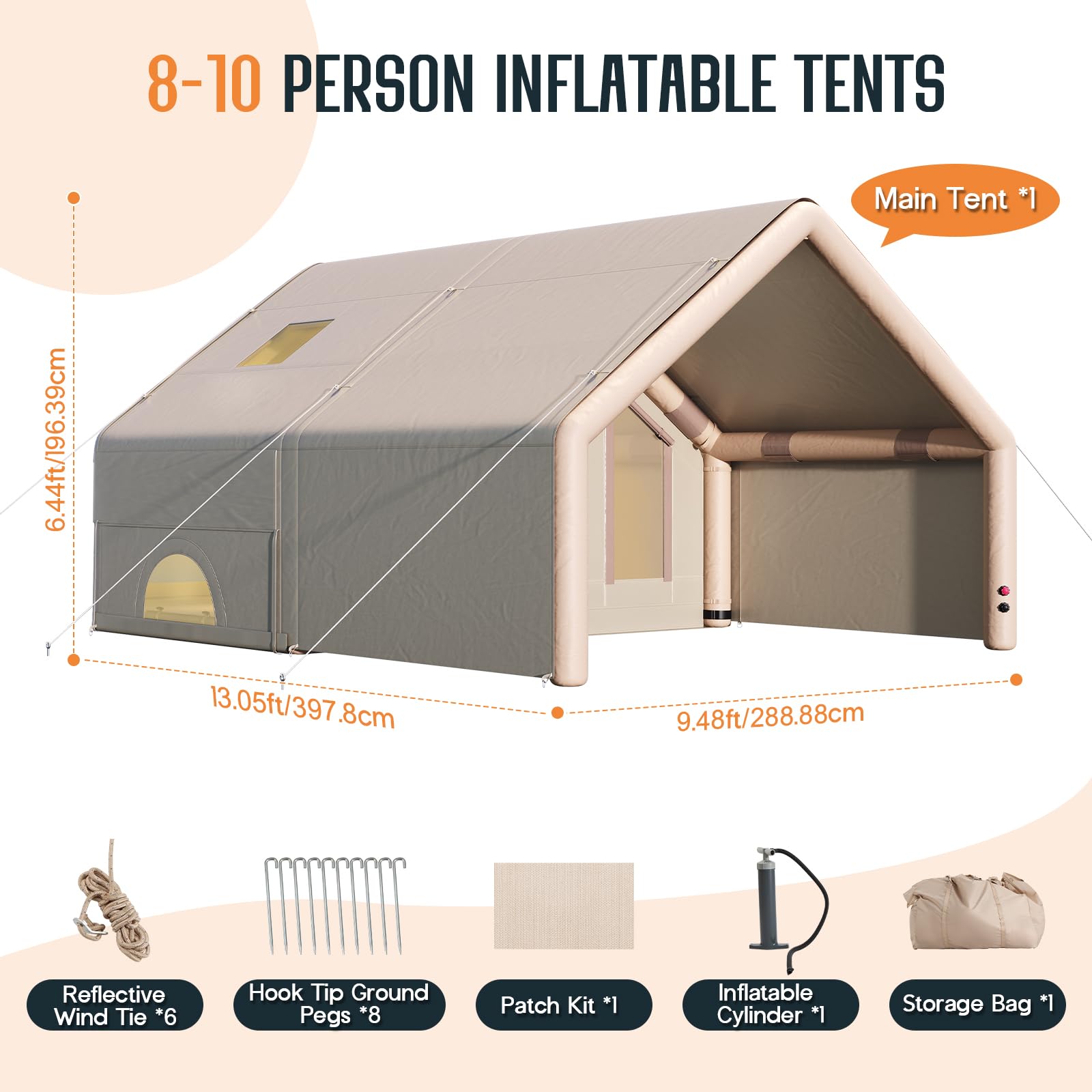 Jocisland 9.48x13.05 ft Inflatable Tent for Camping, Large Blow Up Tent, Waterproof Oxford Outdoor Cabin, Ideal for Emergency Shelter, Glamping
