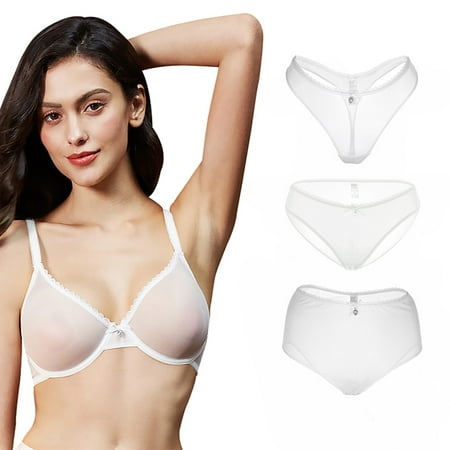 

Women s See Through Unlined Underwire Bra Thongs Panties High Waist 4 Pcs