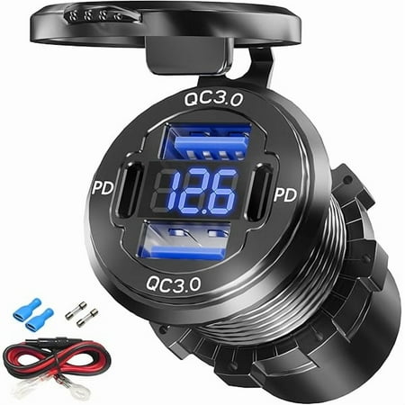 xzyuan Dual PD USB C Ports & Dual Quick Charge 3.0 Ports Car Charger Socket Aluminum Alloy Waterproof 12V USB Outlet Accessories for Car Boat Marine Motorcycle RV ATV Truck Golf Cart etc
