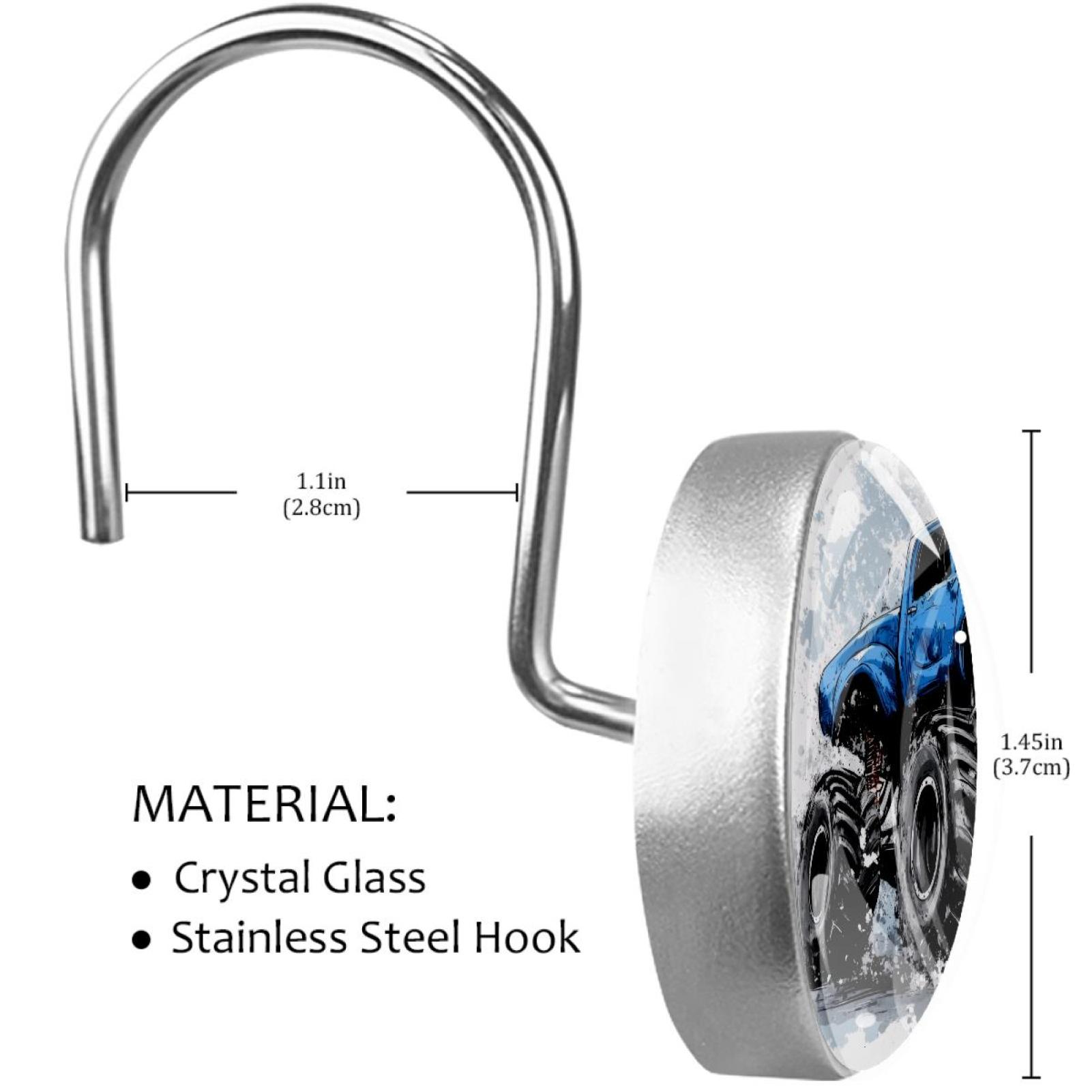 Blue Monster Car Shower Curtain Hooks Round Crystal Glass, Set of 12 Shower Curtain Rings - Shower Hooks for Curtain Shower Rings